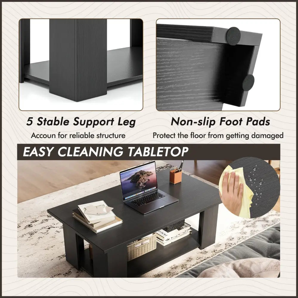 Large 36/41 Inch 2-tier Wooden Modern Coffee Table with Storage Shelf-Black - Black - Coffee Tables