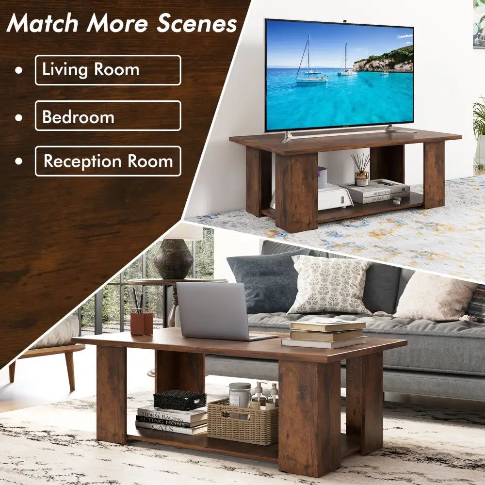 Large 36/41 Inch 2-tier Wooden Modern Coffee Table with Storage Shelf-Coffee - Coffee - Coffee Tables