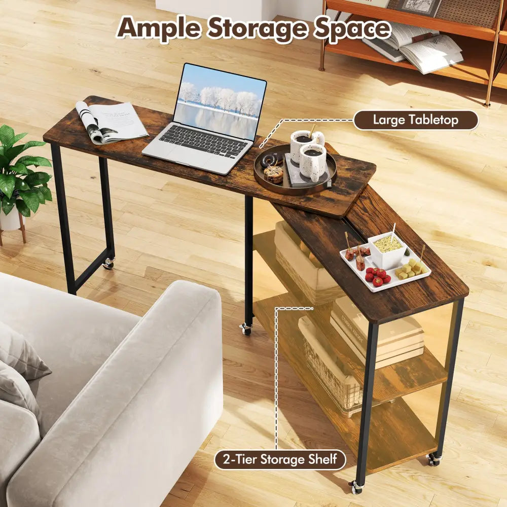 Large 360-Degree Free Rotating Sofa Side Table with Wheels and Storage Shelf-Rustic Brown - Rustic Brown - End & Side