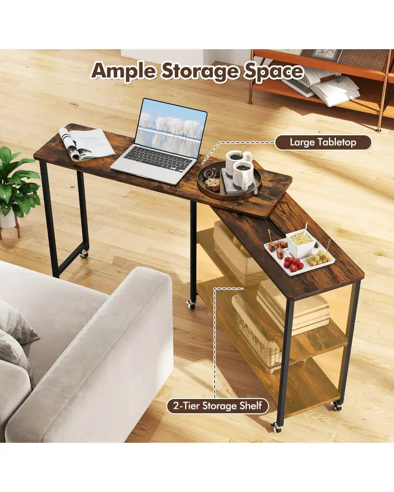 Large 360-Degree Free Rotating Sofa Side Table with Wheels and Storage Shelf-Rustic Brown - Rustic Brown - End & Side