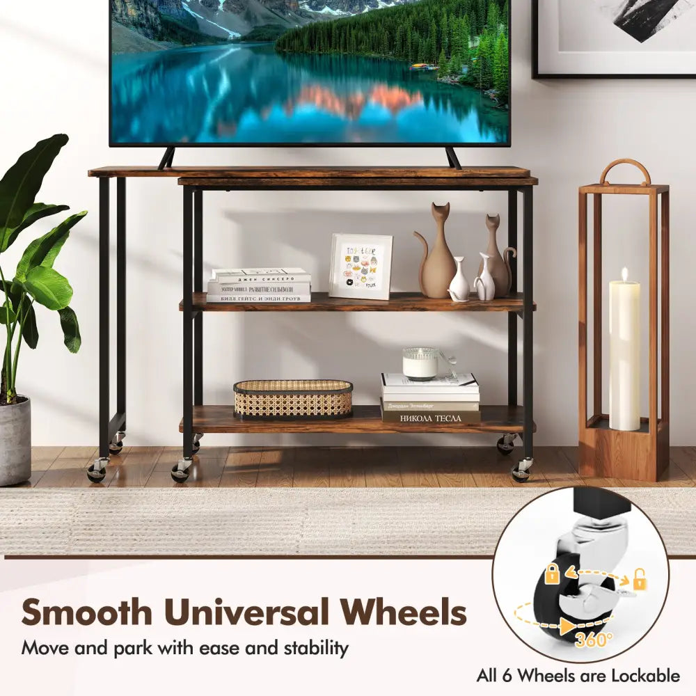 Large 360-Degree Free Rotating Sofa Side Table with Wheels and Storage Shelf-Rustic Brown - Rustic Brown - End & Side
