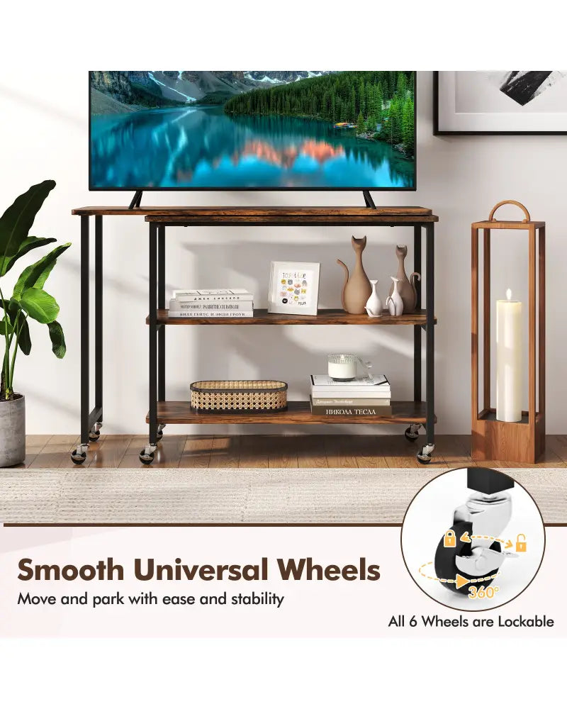 Large 360-Degree Free Rotating Sofa Side Table with Wheels and Storage Shelf-Rustic Brown - Rustic Brown - End & Side