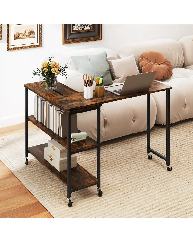 Large 360-Degree Free Rotating Sofa Side Table with Wheels and Storage Shelf-Rustic Brown - Rustic Brown - End & Side
