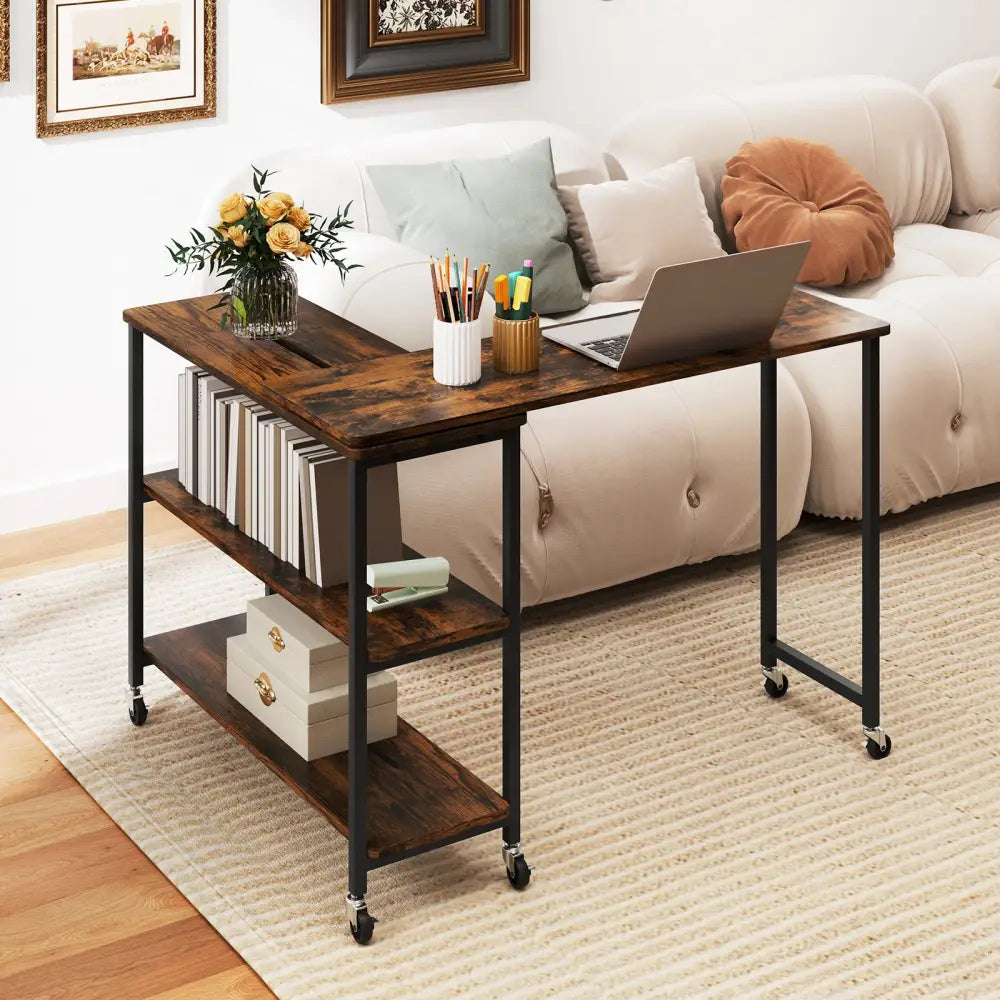 Large 360-Degree Free Rotating Sofa Side Table with Wheels and Storage Shelf-Rustic Brown - Rustic Brown - End & Side