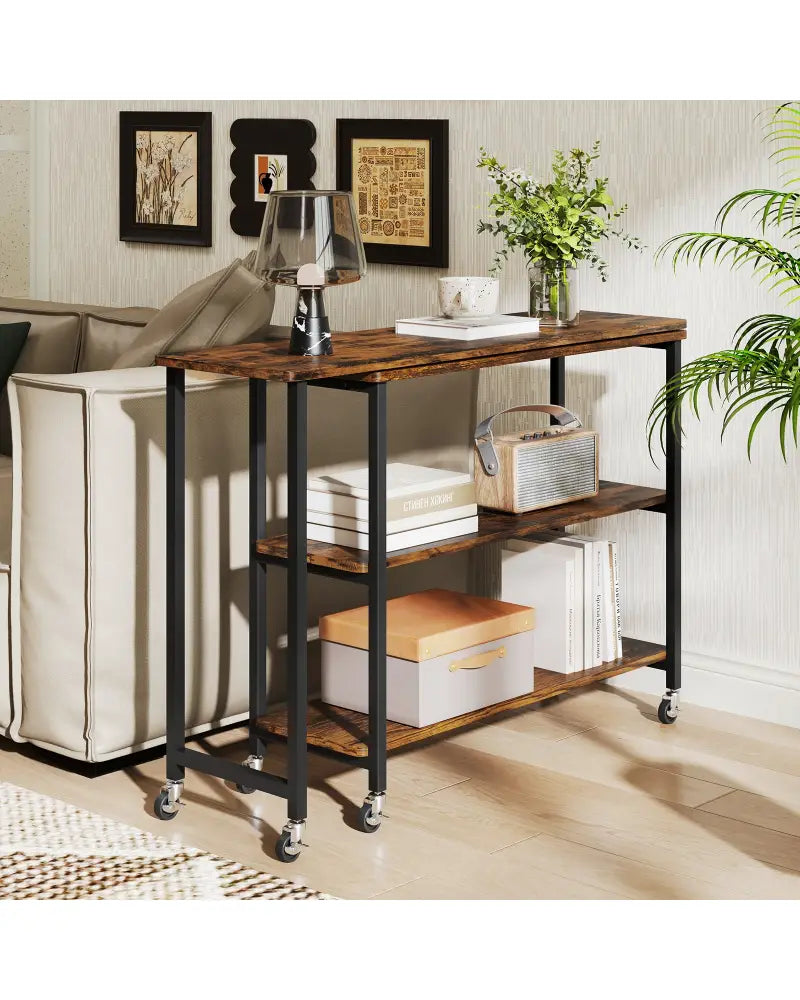 Large 360-Degree Free Rotating Sofa Side Table with Wheels and Storage Shelf-Rustic Brown - Rustic Brown - End & Side