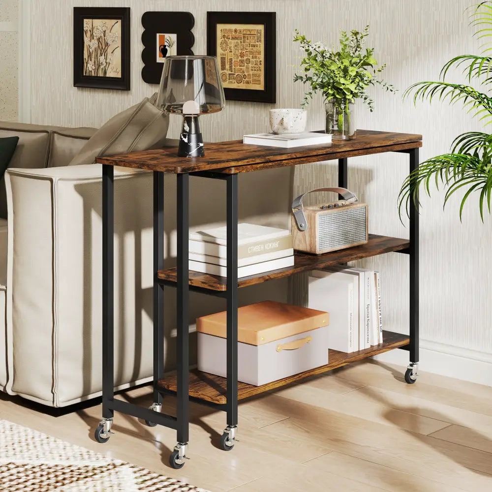 Large 360-Degree Free Rotating Sofa Side Table with Wheels and Storage Shelf-Rustic Brown - Rustic Brown - End & Side