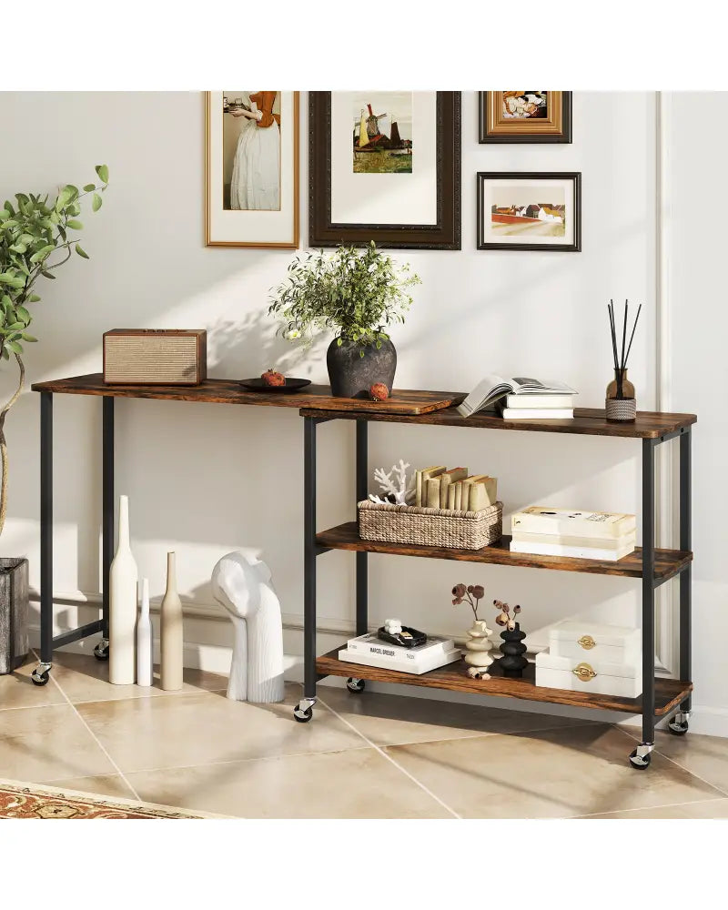 Large 360-Degree Free Rotating Sofa Side Table with Wheels and Storage Shelf-Rustic Brown - Rustic Brown - End & Side