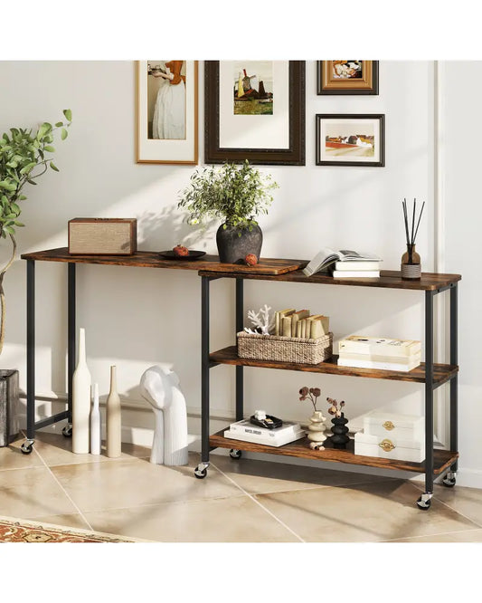 Large 360-Degree Free Rotating Sofa Side Table with Wheels and Storage Shelf-Rustic Brown - Rustic Brown - End & Side
