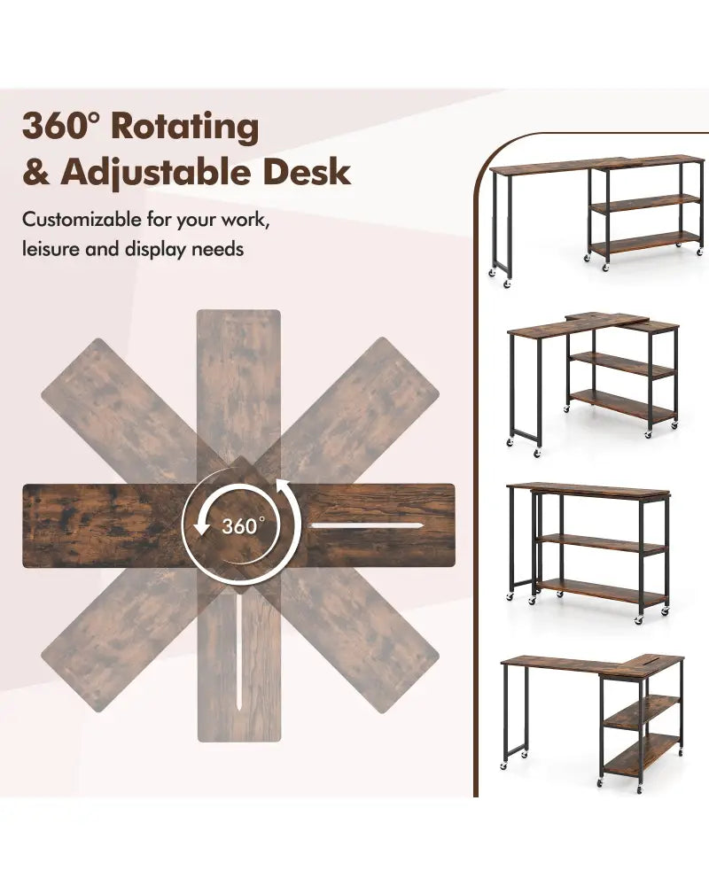 Large 360-Degree Free Rotating Sofa Side Table with Wheels and Storage Shelf-Rustic Brown - Rustic Brown - End & Side