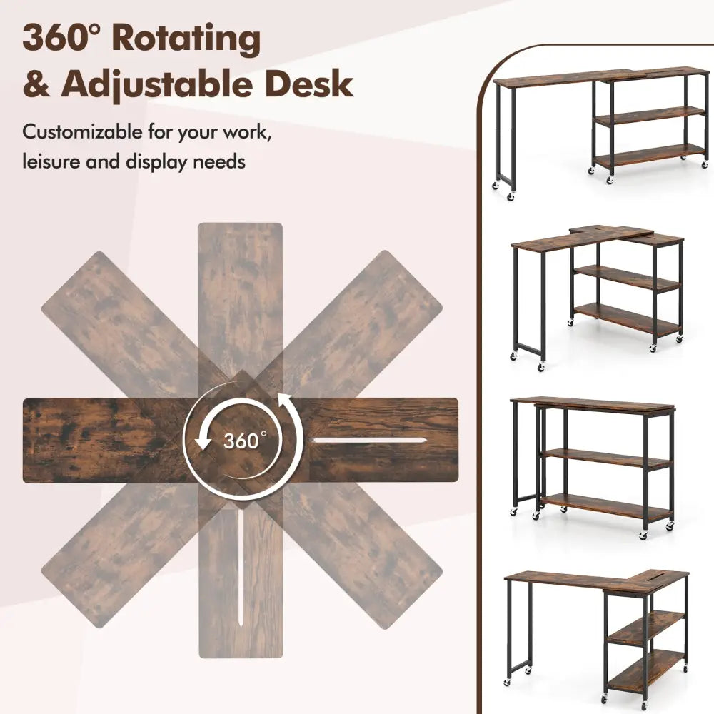 Large 360-Degree Free Rotating Sofa Side Table with Wheels and Storage Shelf-Rustic Brown - Rustic Brown - End & Side