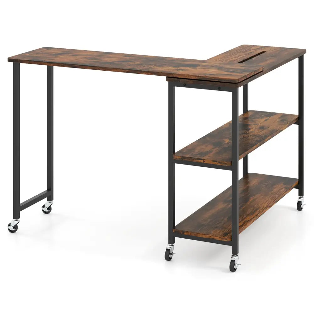 Large 360-Degree Free Rotating Sofa Side Table with Wheels and Storage Shelf-Rustic Brown - Rustic Brown - End & Side