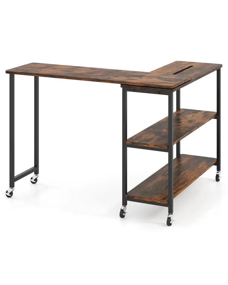 Large 360-Degree Free Rotating Sofa Side Table with Wheels and Storage Shelf-Rustic Brown - Rustic Brown - End & Side