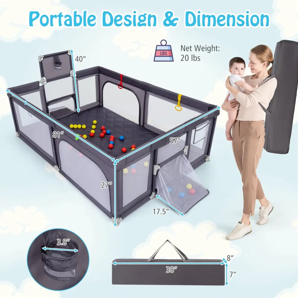 Large Baby Playpen with Mat and Ocean Balls-Dark gray - Dark Gray - Baby Playpen & Playards