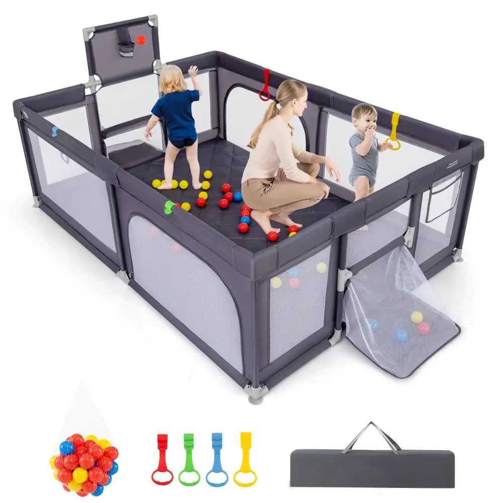 Large Baby Playpen with Mat and Ocean Balls-Dark gray - Dark Gray - Baby Playpen & Playards