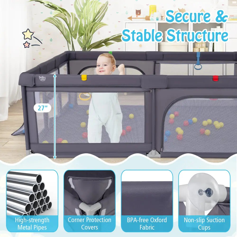 Large Baby Playpen with Mat and Ocean Balls-Dark gray - Dark Gray - Baby Playpen & Playards