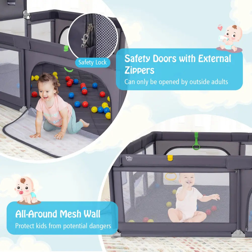 Large Baby Playpen with Mat and Ocean Balls-Dark gray - Dark Gray - Baby Playpen & Playards