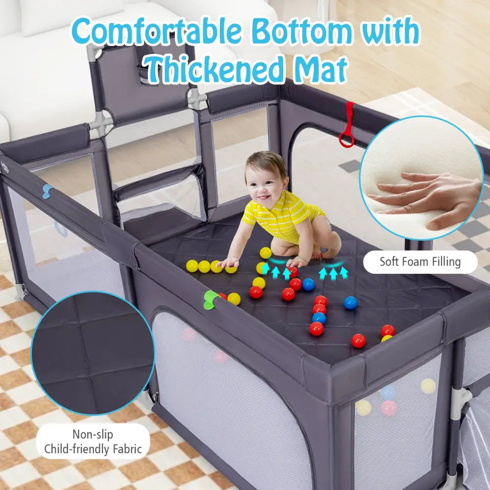 Large Baby Playpen with Mat and Ocean Balls-Dark gray - Dark Gray - Baby Playpen & Playards