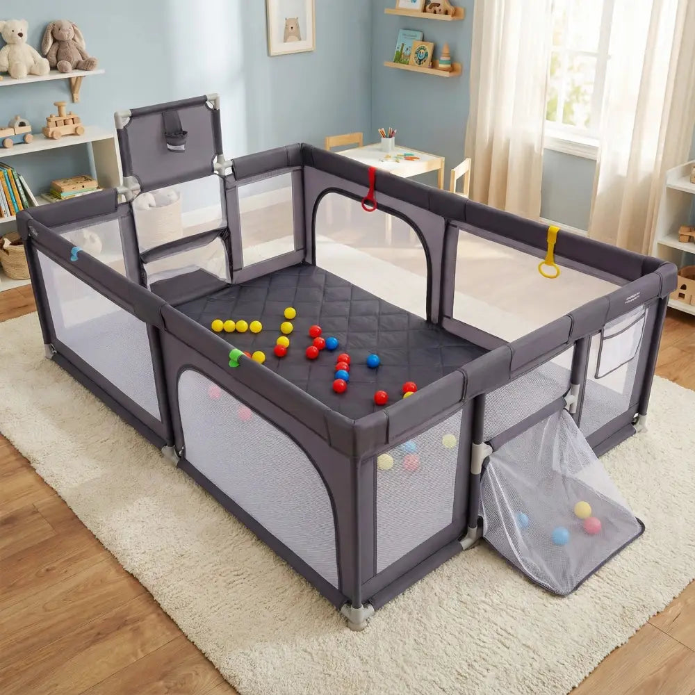 Large Baby Playpen with Mat and Ocean Balls-Dark gray - Dark Gray - Baby Playpen & Playards
