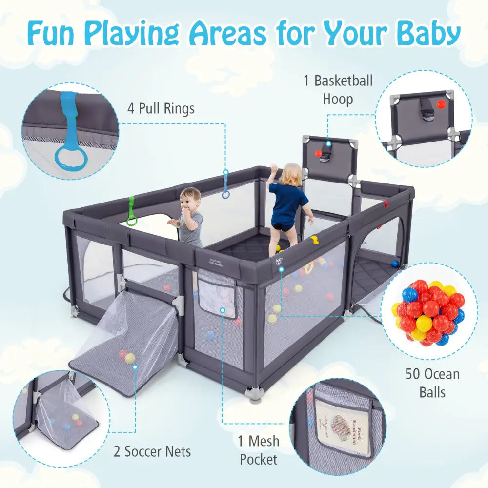 Large Baby Playpen with Mat and Ocean Balls-Dark gray - Dark Gray - Baby Playpen & Playards