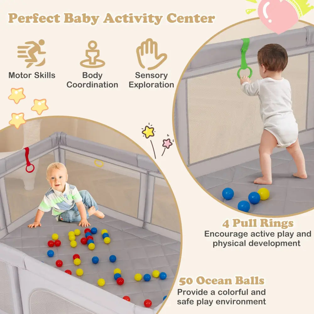 Large Baby Playpen with Pull Rings and Ocean Balls-Gray - Gray - Baby Playpen & Playards