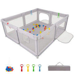 Large Baby Playpen with Pull Rings and Ocean Balls - Gray - Oasis Home Essentials