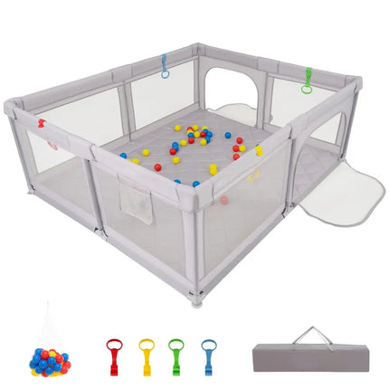 Large Baby Playpen with Pull Rings and Ocean Balls - Gray - Oasis Home Essentials