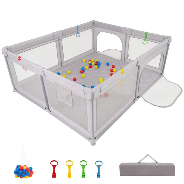 Large Baby Playpen with Pull Rings and Ocean Balls - Gray - Oasis Home Essentials