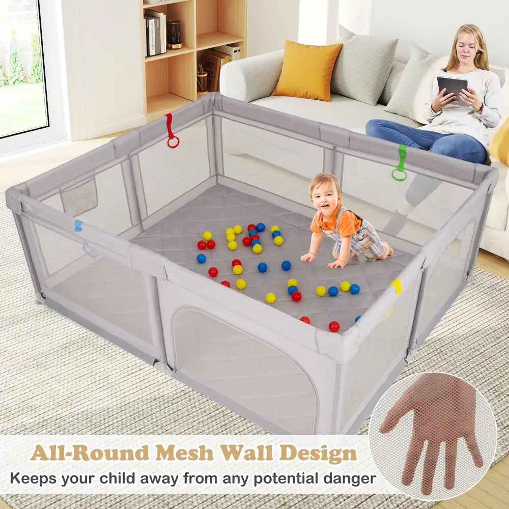 Large Baby Playpen with Pull Rings and Ocean Balls-Gray - Gray - Baby Playpen & Playards