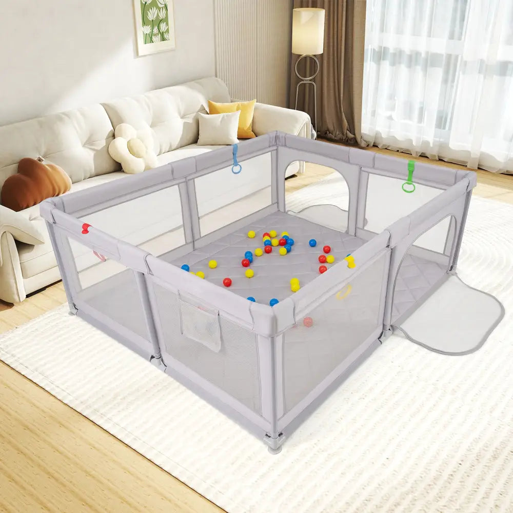 Large Baby Playpen with Pull Rings and Ocean Balls-Gray - Gray - Baby Playpen & Playards