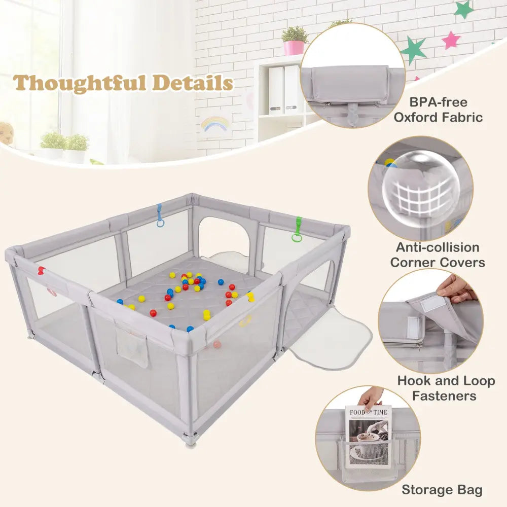 Large Baby Playpen with Pull Rings and Ocean Balls-Gray - Gray - Baby Playpen & Playards