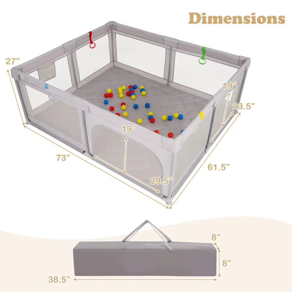 Large Baby Playpen with Pull Rings and Ocean Balls-Gray - Gray - Baby Playpen & Playards