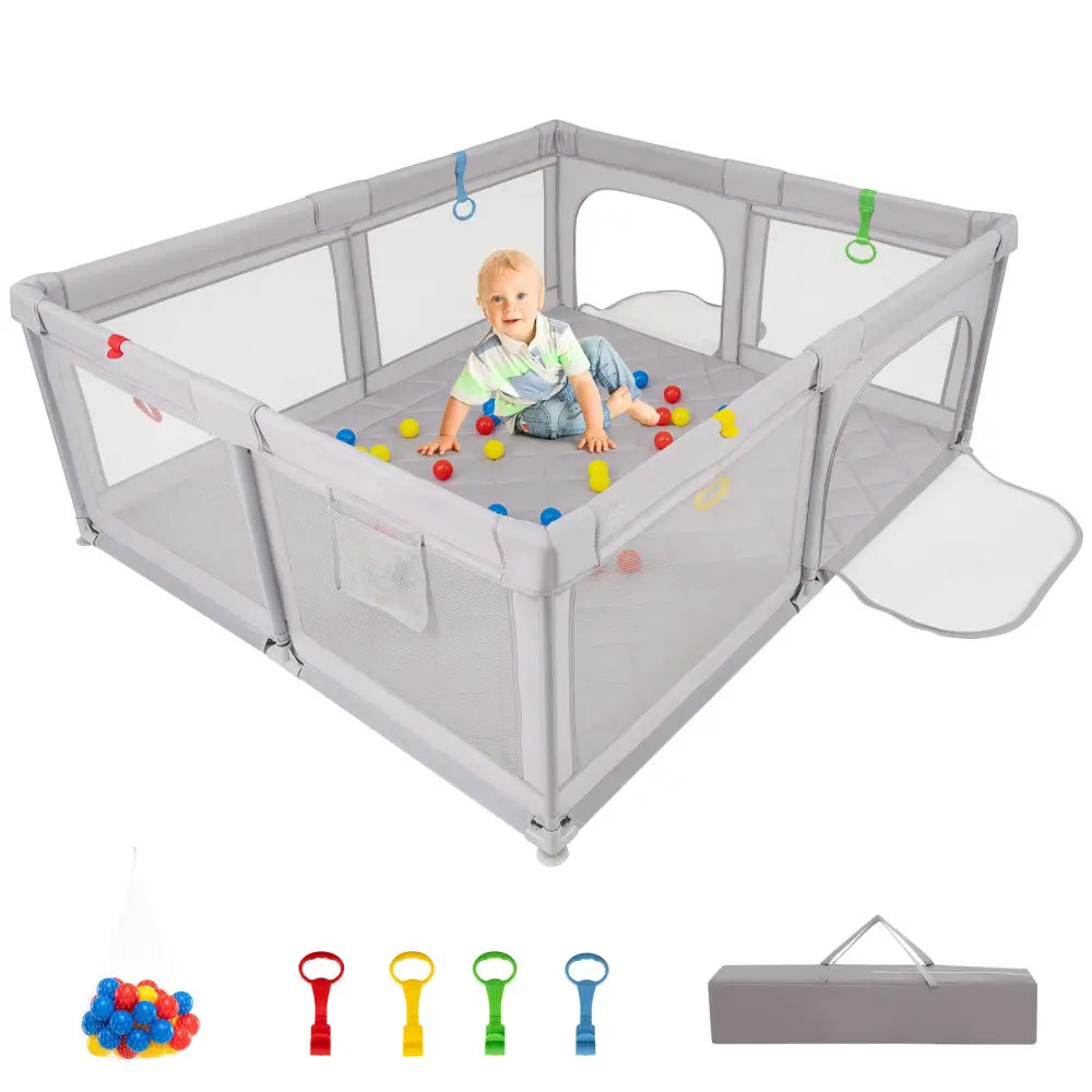 Large Baby Playpen with Pull Rings and Ocean Balls-Gray - Gray - Baby Playpen & Playards