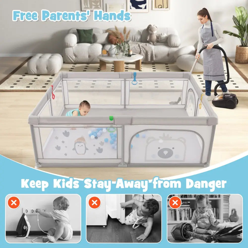 Large Baby Playpen with Pull Rings Ocean Balls and Cute Pattern-Penguin - Gray - Baby Playpen & Playards