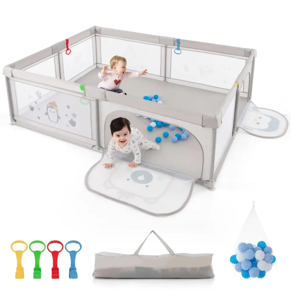 Large Baby Playpen with Pull Rings Ocean Balls and Cute Pattern-Penguin - Gray - Baby Playpen & Playards