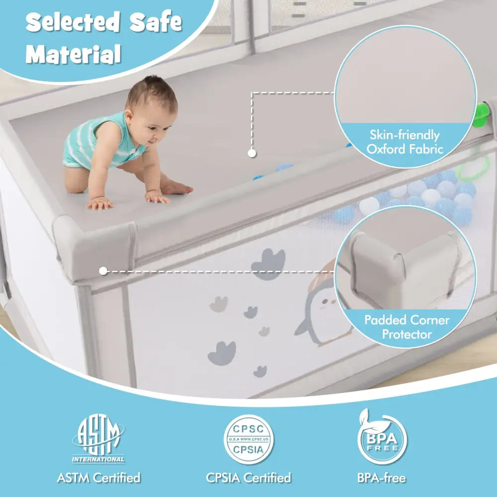 Large Baby Playpen with Pull Rings Ocean Balls and Cute Pattern-Penguin - Gray - Baby Playpen & Playards
