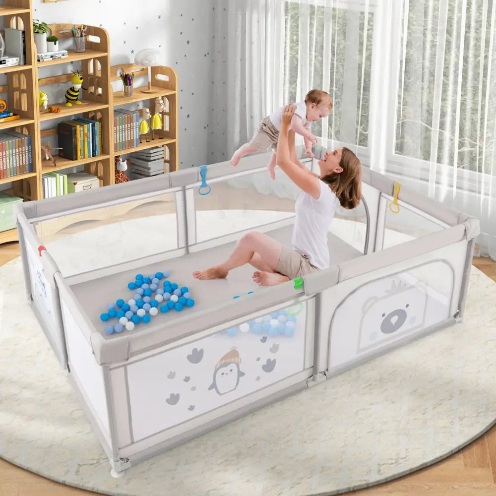 Large Baby Playpen with Pull Rings Ocean Balls and Cute Pattern-Penguin - Gray - Baby Playpen & Playards