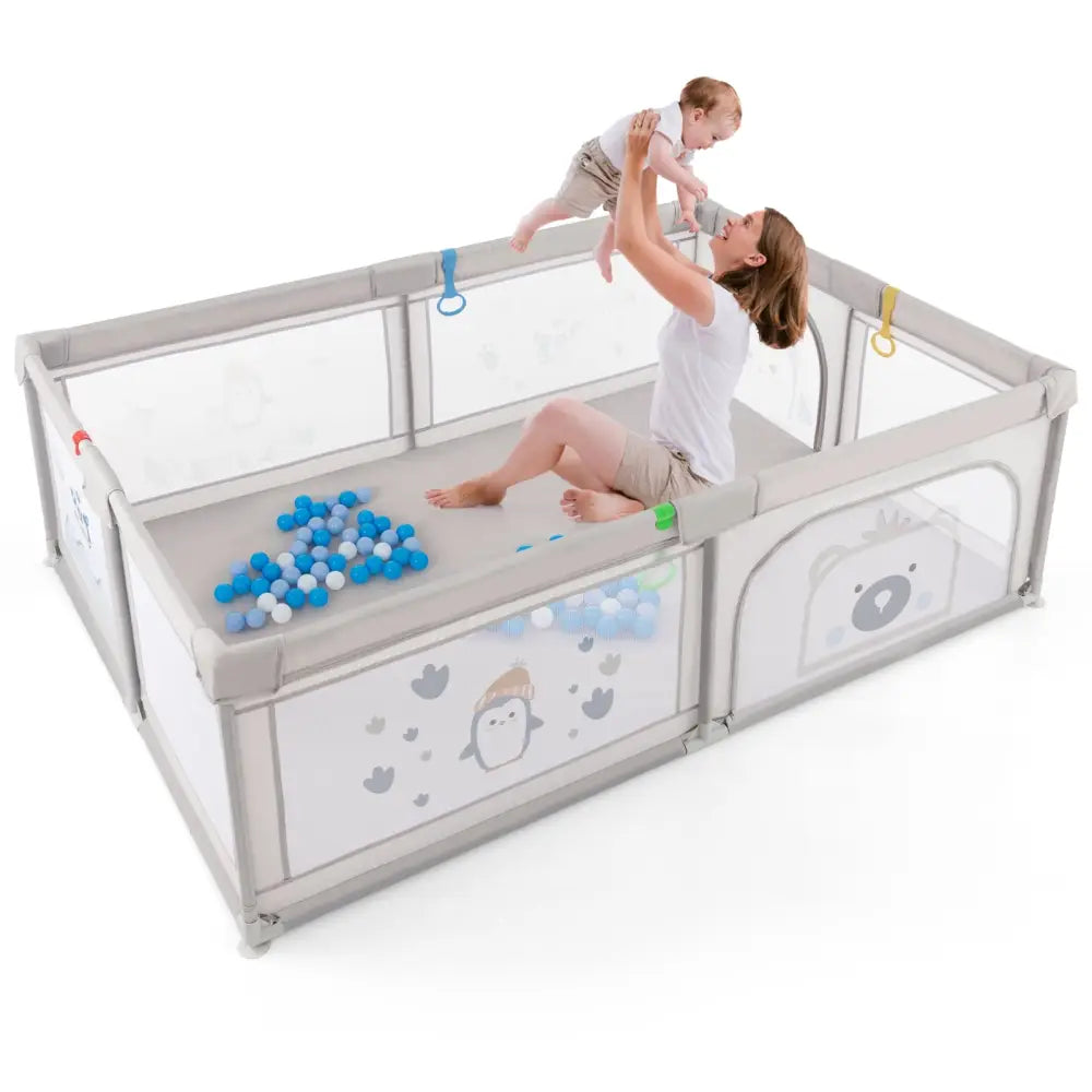 Large Baby Playpen with Pull Rings Ocean Balls and Cute Pattern-Penguin - Gray - Baby Playpen & Playards