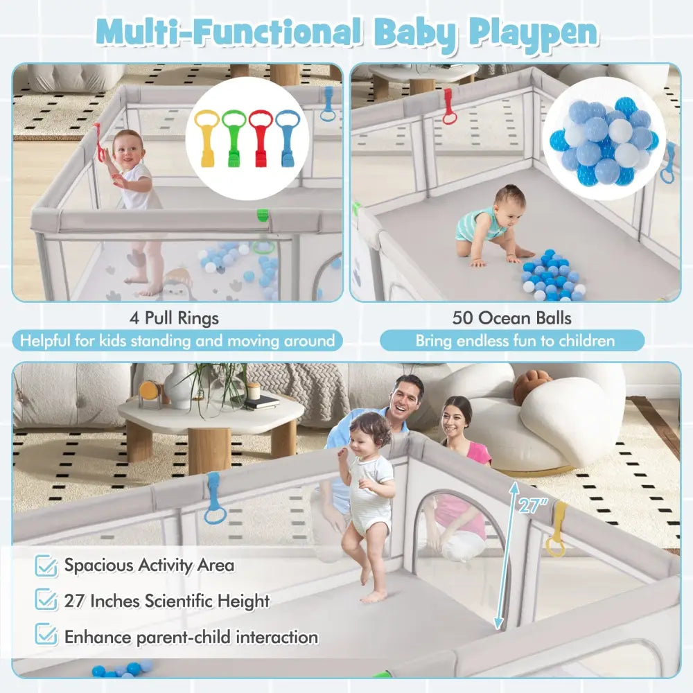 Large Baby Playpen with Pull Rings Ocean Balls and Cute Pattern-Penguin - Gray - Baby Playpen & Playards