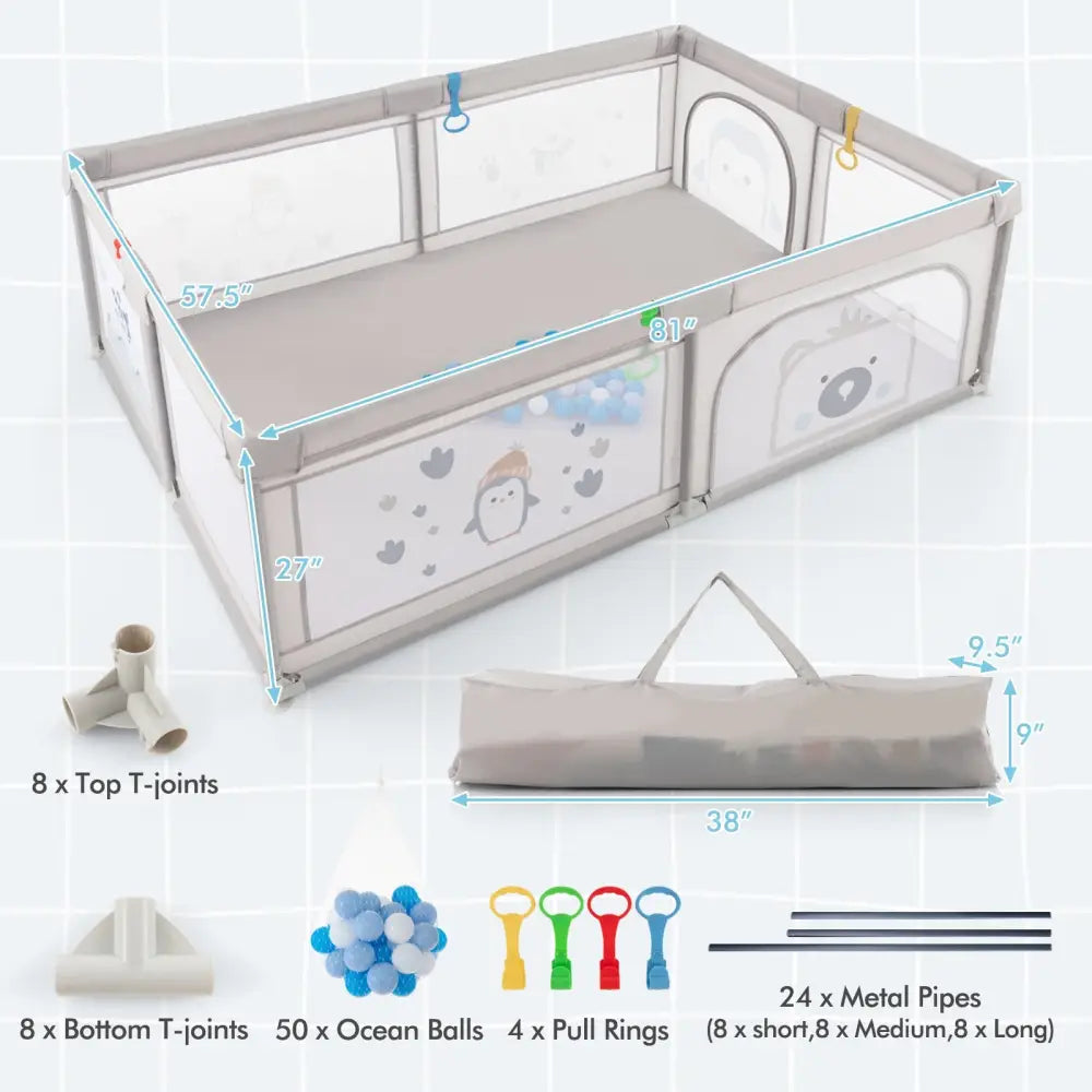 Large Baby Playpen with Pull Rings Ocean Balls and Cute Pattern-Penguin - Gray - Baby Playpen & Playards