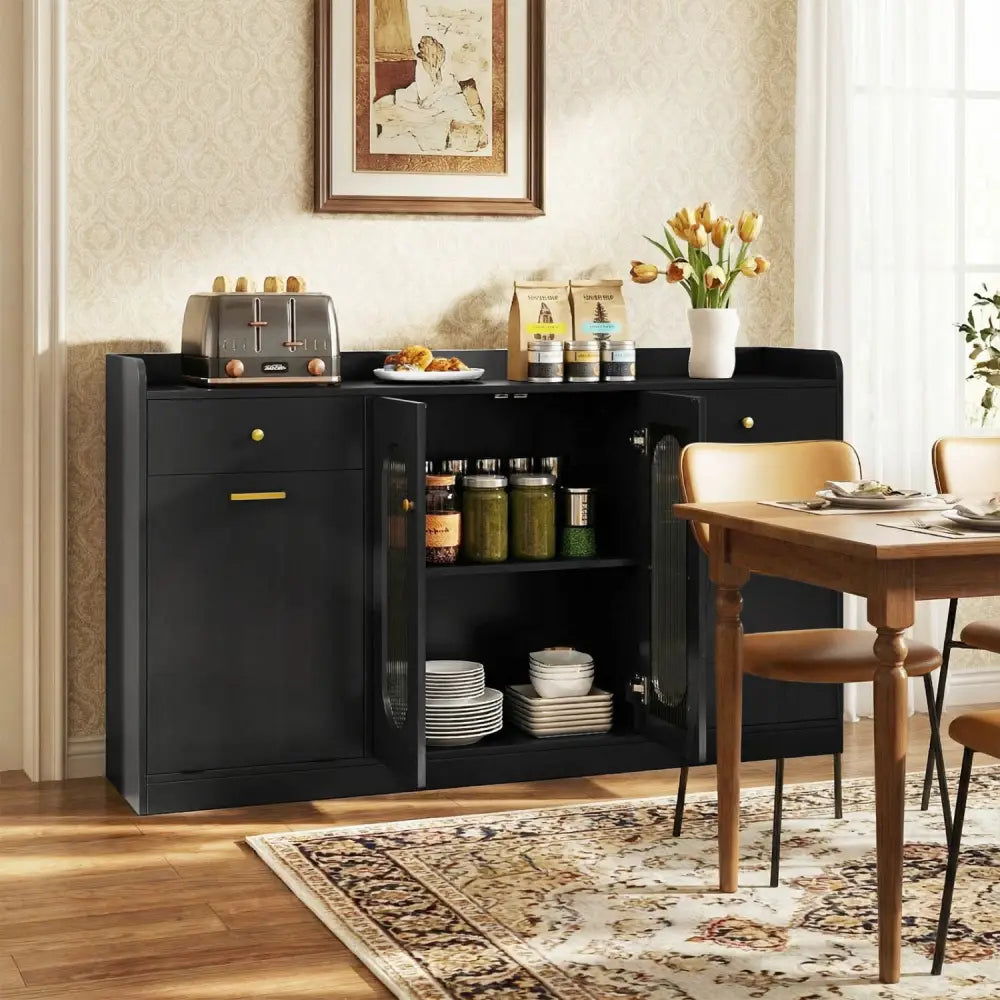 Large Buffet Cabinet Hidden Tilt Out Trash Can Cabinet with 2 Glass Doors-Black - Black - Sideboards Cabinets & Buffets