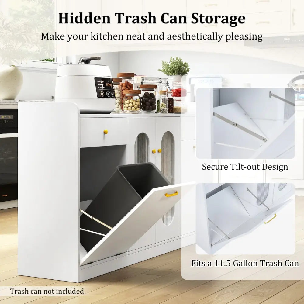 Large Buffet Cabinet Hidden Tilt Out Trash Can Cabinet with 2 Glass Doors-White - White - Sideboards Cabinets & Buffets