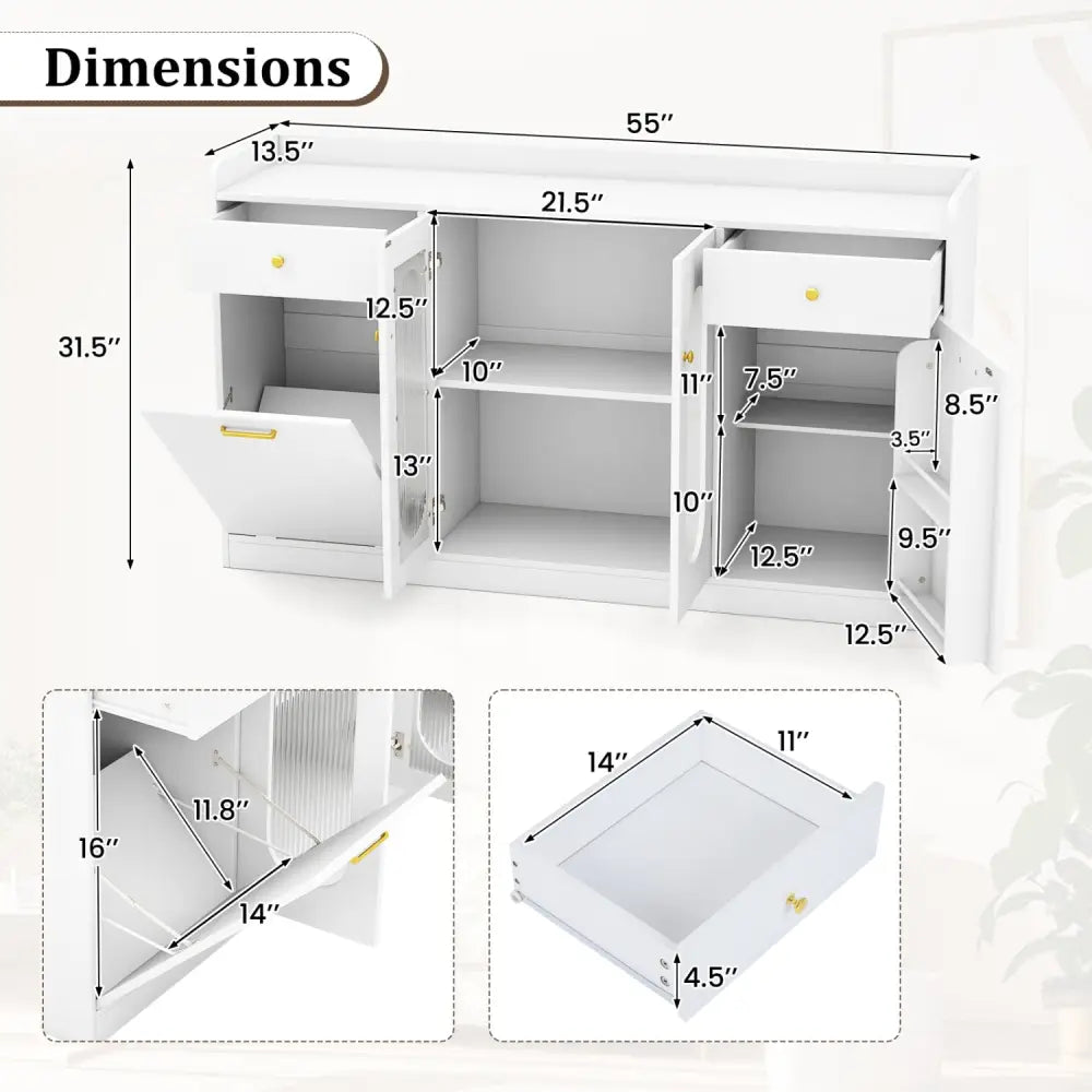 Large Buffet Cabinet Hidden Tilt Out Trash Can Cabinet with 2 Glass Doors-White - White - Sideboards Cabinets & Buffets