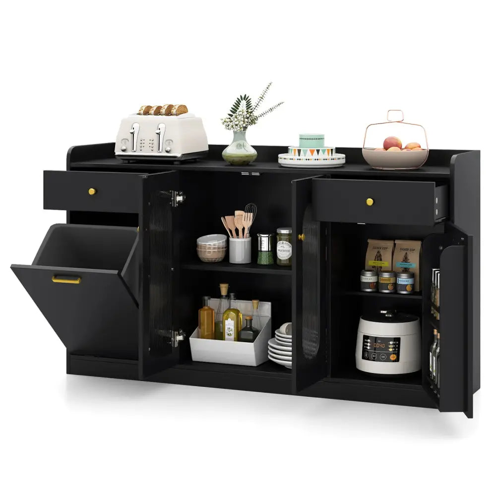 Large Buffet Cabinet Hidden Tilt Out Trash Can Cabinet with 2 Glass Doors-Black - Black - Sideboards Cabinets & Buffets