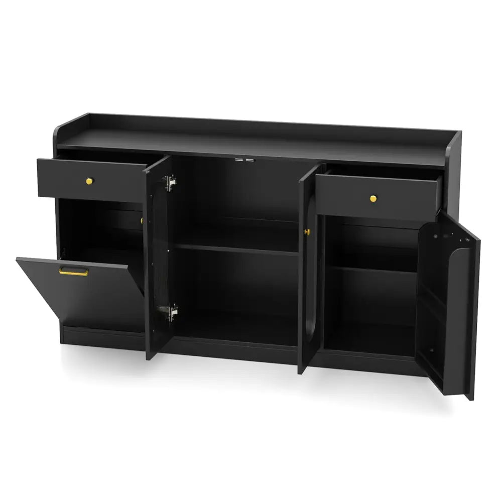 Large Buffet Cabinet Hidden Tilt Out Trash Can Cabinet with 2 Glass Doors-Black - Black - Sideboards Cabinets & Buffets