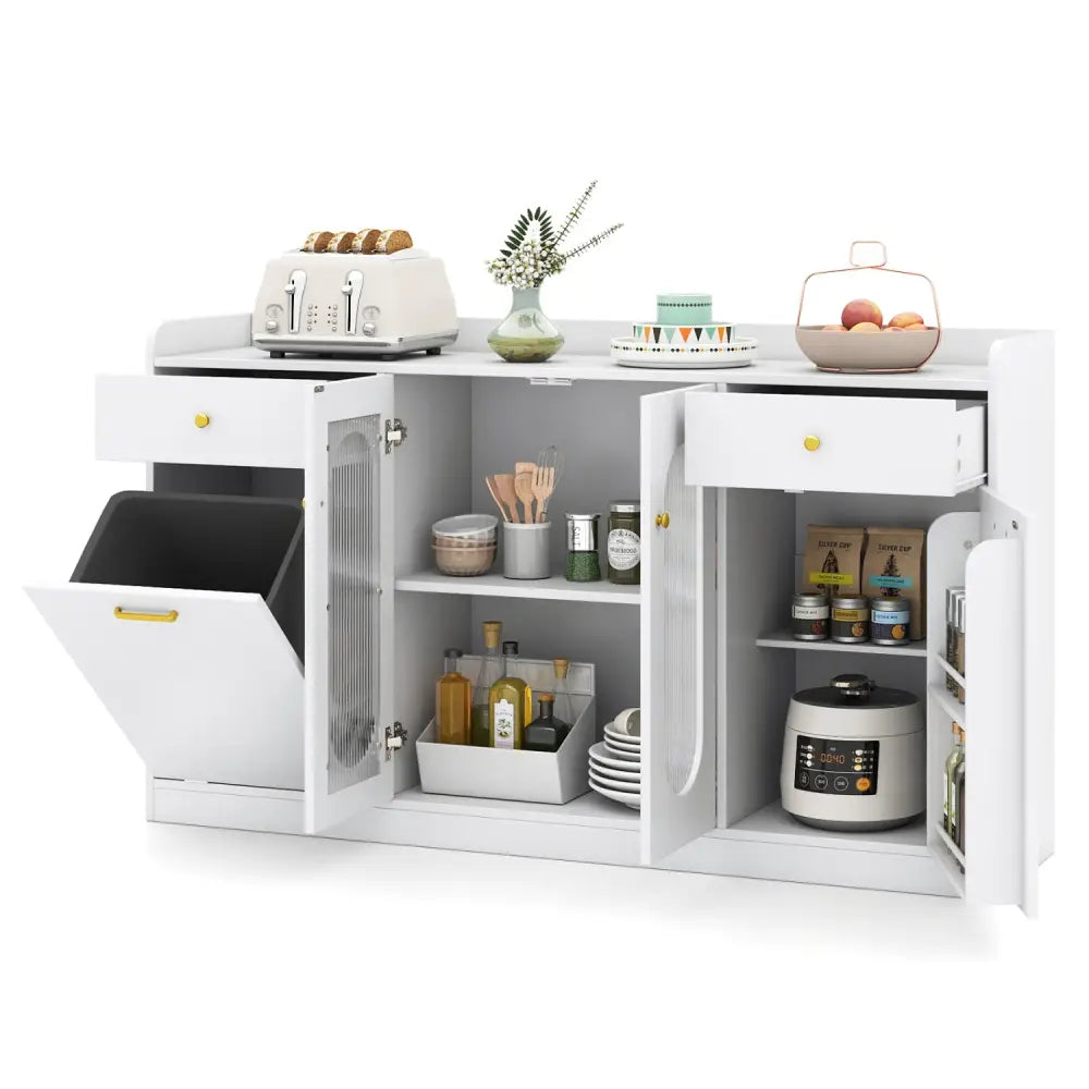 Large Buffet Cabinet Hidden Tilt Out Trash Can Cabinet with 2 Glass Doors-White - White - Sideboards Cabinets & Buffets