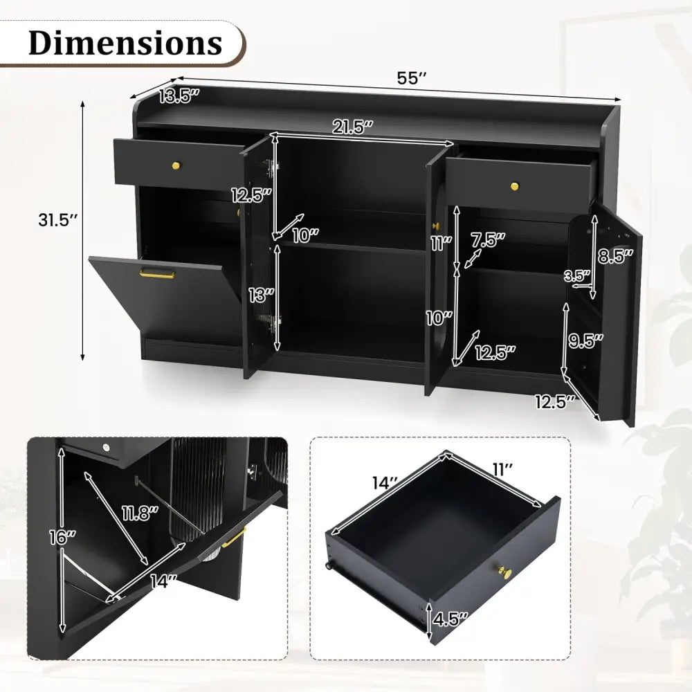 Large Buffet Cabinet Hidden Tilt Out Trash Can Cabinet with 2 Glass Doors-Black - Black - Sideboards Cabinets & Buffets