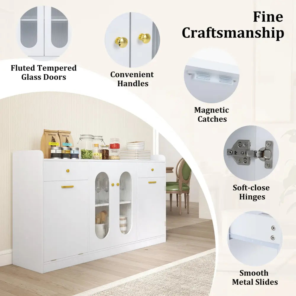 Large Buffet Cabinet Hidden Tilt Out Trash Can Cabinet with 2 Glass Doors-White - White - Sideboards Cabinets & Buffets