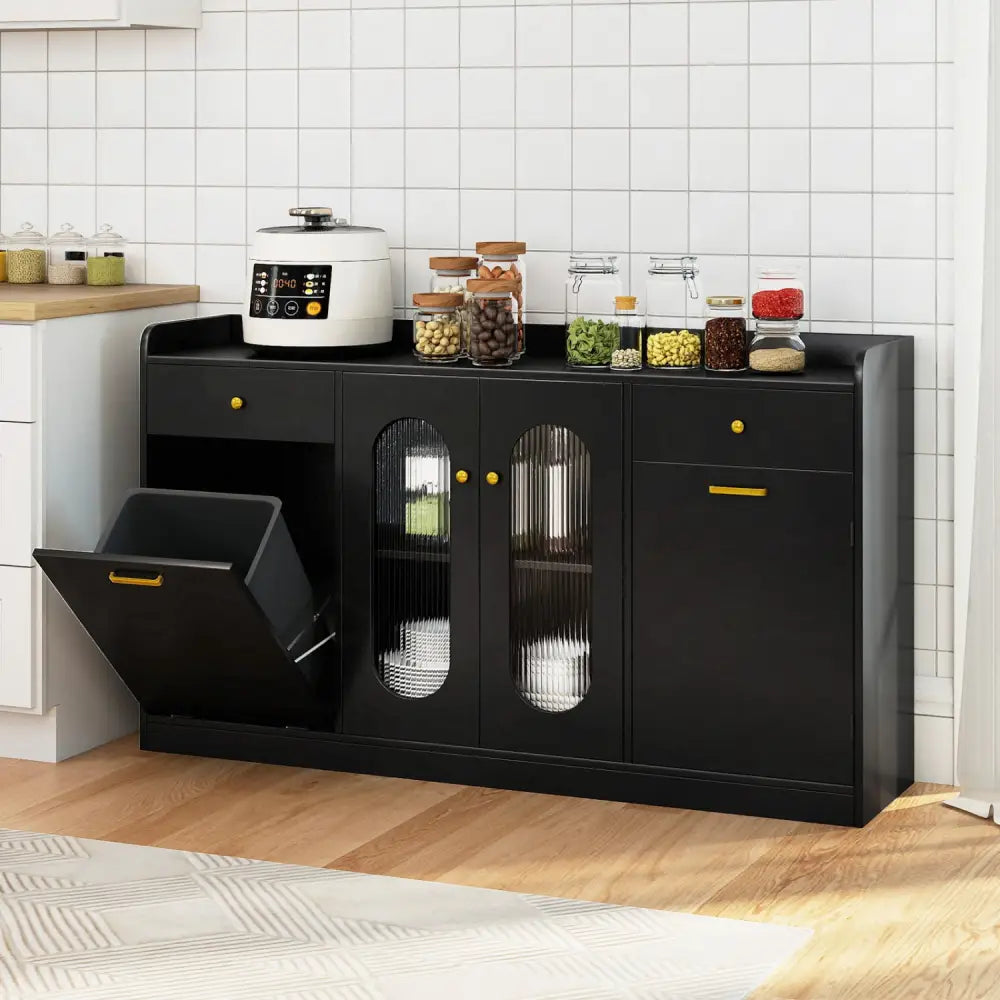 Large Buffet Cabinet Hidden Tilt Out Trash Can Cabinet with 2 Glass Doors-Black - Black - Sideboards Cabinets & Buffets