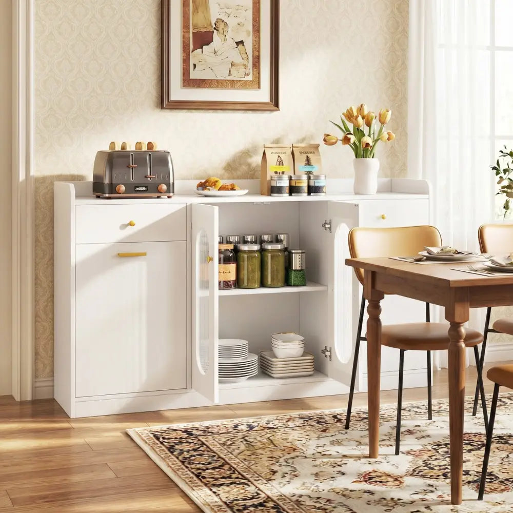 Large Buffet Cabinet Hidden Tilt Out Trash Can Cabinet with 2 Glass Doors-White - White - Sideboards Cabinets & Buffets