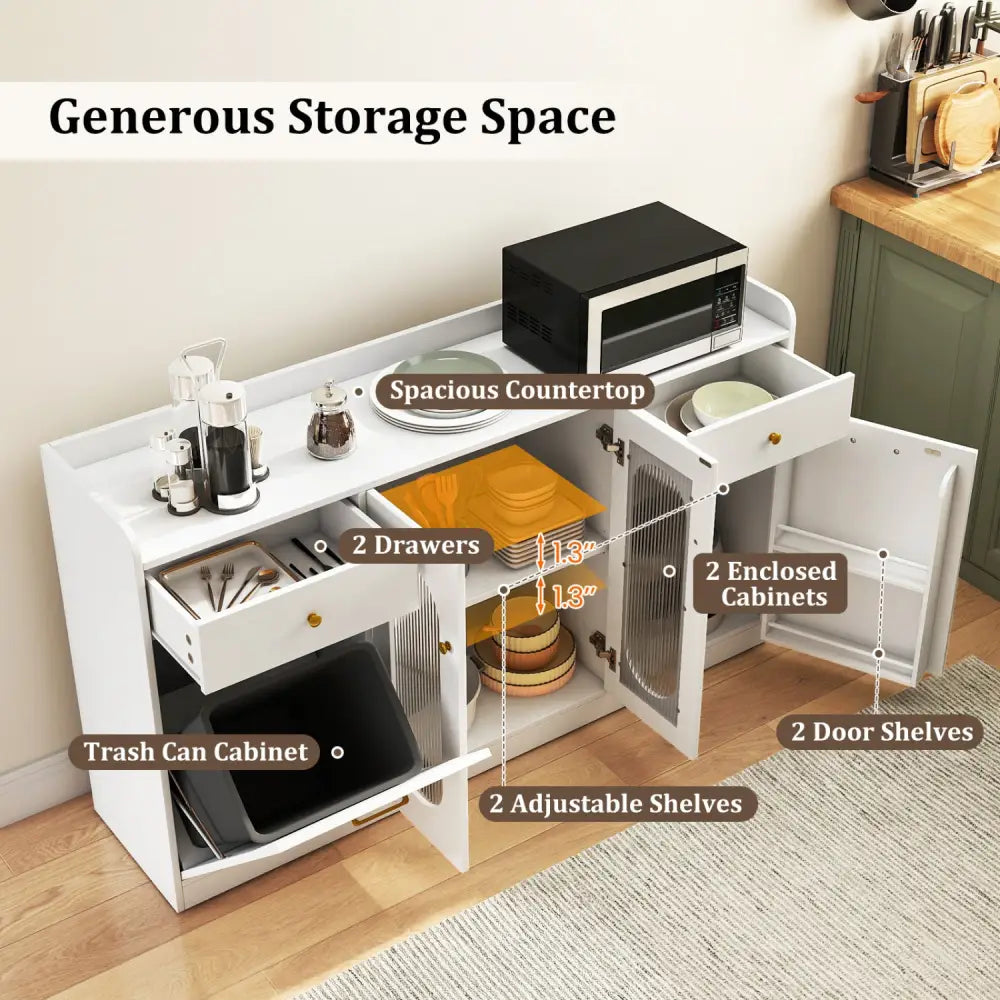 Large Buffet Cabinet Hidden Tilt Out Trash Can Cabinet with 2 Glass Doors-White - White - Sideboards Cabinets & Buffets